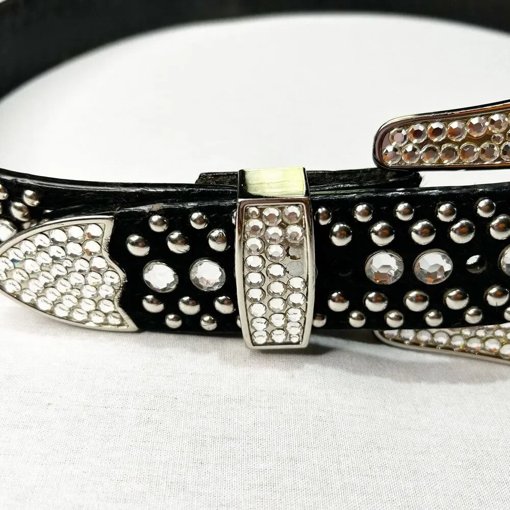 BB Simon Calf-hair Belt Dark Brown with Swarovski Crystals and Silver Studs